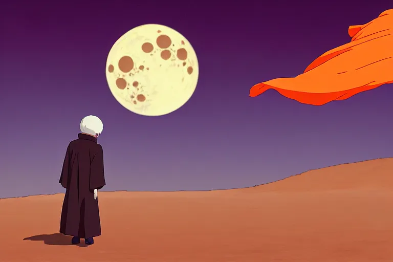 Prompt: a study of cell shaded cartoon of an android monk in an orange robe from howl's moving castle ( 2 0 0 4 ) on a desert road, in front of a big moon, full body, wide shot, very muted colors, post grunge, studio ghibli, highly detailed, deviantart, art by artgem