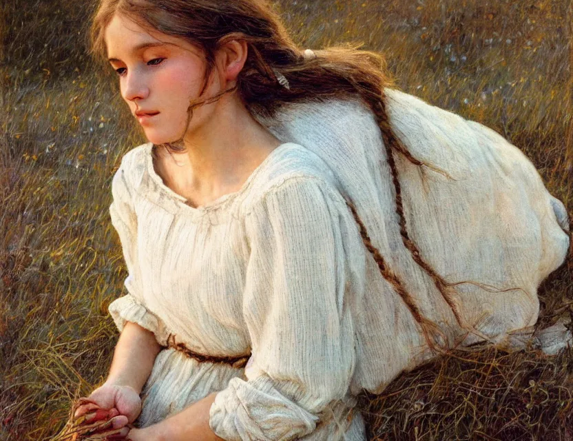 Image similar to peasant girl with long hair yarn knitting, cottage core, cinematic focus, polaroid photo bleached vintage pastel colors high - key lighting, soft lights, foggy, by steve hanks, by lisa yuskavage, by serov valentin, by tarkovsky, 8 k render, detailed, oil on canvas