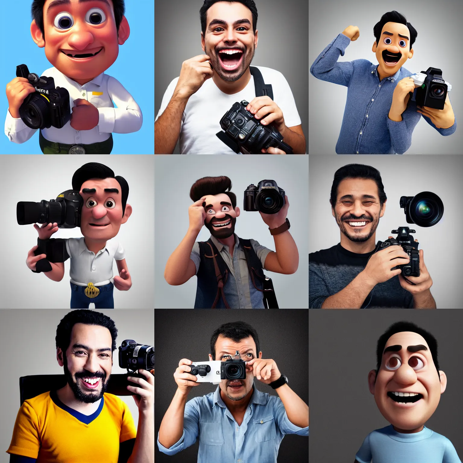 Prompt: digital art of portrait of a colombian man, holding a dslr camera, excited facial expression, head - and - shoulders shot, white background, cute pixar character, houdini 3 d render