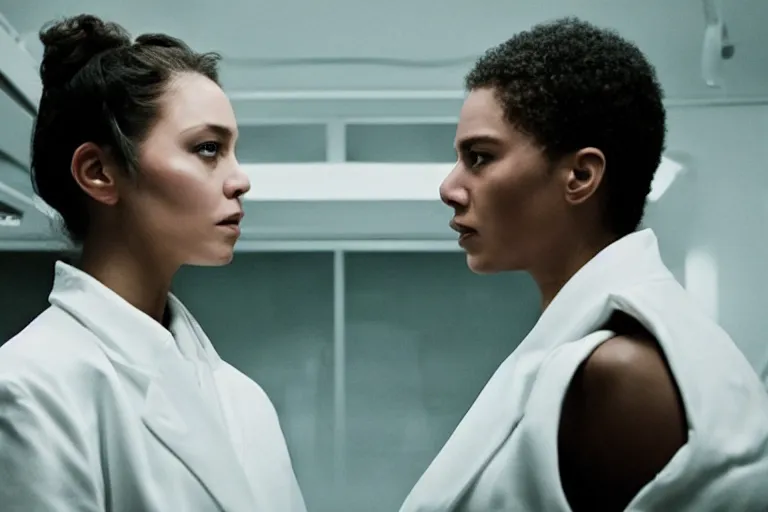 Image similar to movie closeup polar opposites, couple, researchers in a futuristic weapons lab, beautiful skin, Symmetrical faces. Beautiful lighting by Emmanuel Lubezki