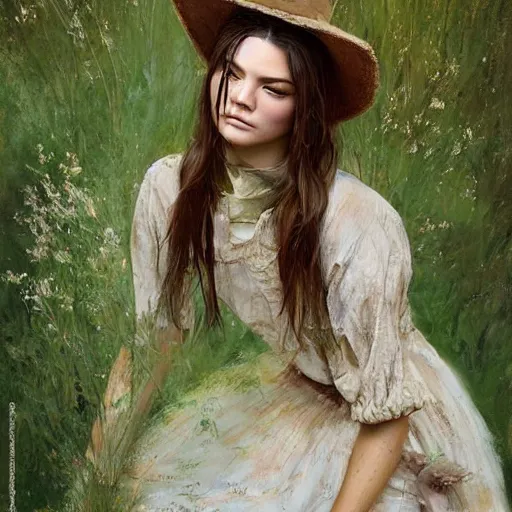 Image similar to happy very thick paint brush strokes paint texture full body very worn out very rusty fashion model kendall jenner by Jeremy Lipking by Hasui Kawase by Richard Schmid ((smokey eyes makeup eye shadow fantasy, glow, shimmer as victorian woman in a long white frilly lace dress and a large white hat having tea in a sunroom filled with flowers, roses and lush fern flowers ,intricate, night, highly detailed, dramatic lighting)) , high quality