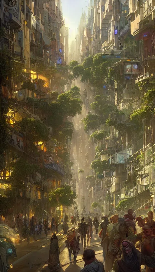 Prompt: hyper realistic cyberpunk city, busy crowded market street overtaken by lush plants, gnarly trees by tom bagshaw, mucha, gaston bussiere, craig mullins, j. c. leyendecker 8 k