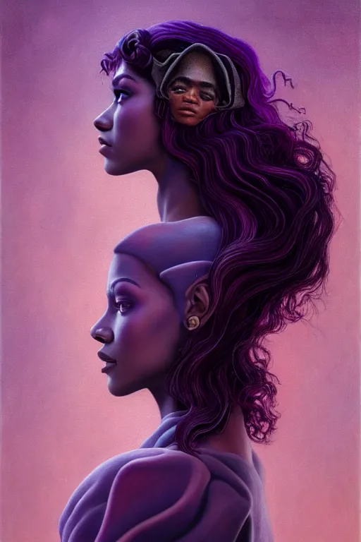 Prompt: zendaya with wavy dark purple hair coming out of the abyss with a panther on her shoulder, ultrafine hyperrealistic fantasy oil painting, art by ida outhwaite and loish, dreamy, surreal, trending on artstation, dungeons and dragons, intricate linework, sharp focus, smooth, unreal engine, dramatic lighting, 8 k,