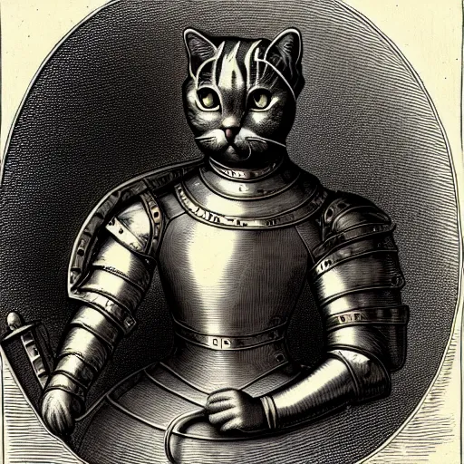 Image similar to engraving portrait of humanoid cat in medieval armoury by gustave dore. trending on deviant art, street art, chillwave, maximalist, full of color, glittering, 8 k, hd