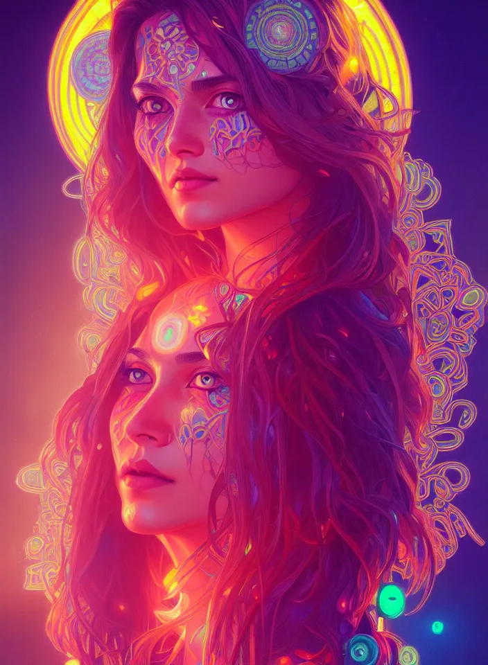 Prompt: symmetry!! portrait of hippie girl, neon glowing lights!! psychedelic, intricate, elegant, highly detailed, digital painting, artstation, concept art, smooth, sharp focus, illustration, art by artgerm and greg rutkowski and alphonse mucha, 8 k