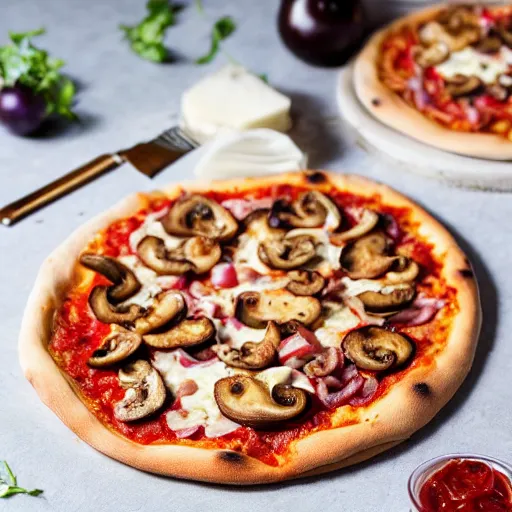 Prompt: promotional portrait photo of a delicious pizza with mozzarella, chorizo, mushrooms, bacon, blue cheese, meat balls, red onions, uhd, 8 k, award winning, commercial,