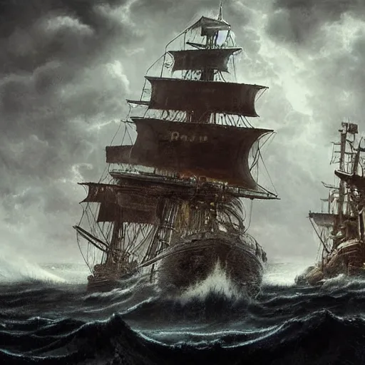 Prompt: lot of pirate ships fighting a kraken monster during a stormy night, rule of thirds, super details, hyperrealist, cinematic style, giger towers on background