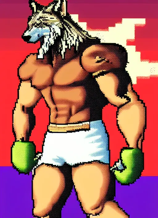 Prompt: extreme long shot. 8 bit nes graphics. pixel art. antropomorphic muscular masculine wolf. kickboxer, in shorts. wolf head. furr on body.