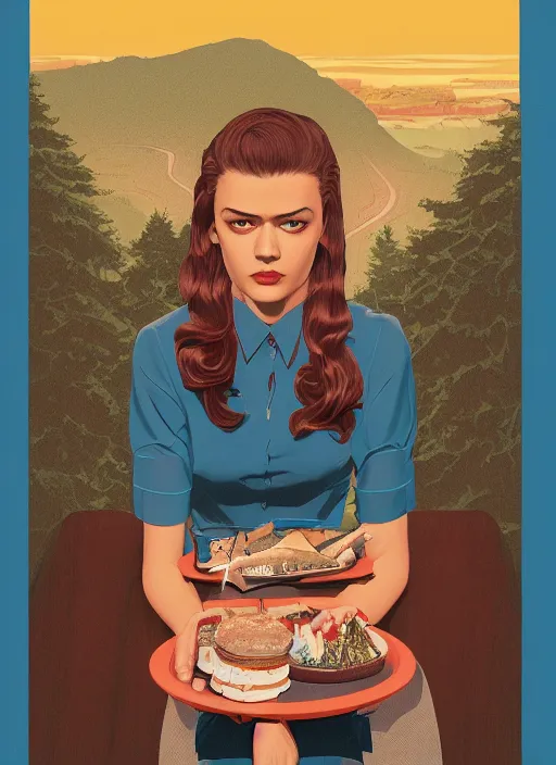 Image similar to Twin Peaks poster artwork by Michael Whelan, Bob Larkin and Tomer Hanuka, Karol Bak of portrait of Zendaya is a high school student working at the diner wearing light blue waitress dress, from scene from Twin Peaks, simple illustration, domestic, nostalgic, from scene from Twin Peaks, clean