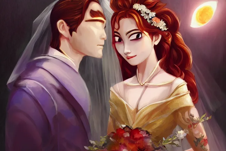 Image similar to a cinematic portrait of wedding photograph jpeg close up moment of a divine a japan sun god and moon goddess lovers magician at a wedding banquet. portraiture. digital painting. artstation. concept art. wedding photo. digital painting. frozen ii art masterpiece by art by krenz cushart