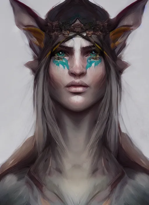 Image similar to face portrait of an elf druid with yellow eyes, perfect face details, symmetry, digital painting, trending on artstation and deviantart, epic composition, dynamic, highly detailed, ross draws, wlop, 8 k