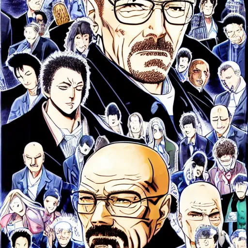 Prompt: Breaking Bad, manga cover illustration by Hirohiko Araki, Takeuchi Takashi, Pochi Iida, Masashi Kishimoto, Junichi Oda, Jojo, Shonen Jump, detailed