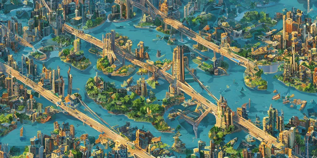 Prompt: illustration, environment design illustration, giant city on a bridge, giant continent bridge build over many small islands in a straight row that developed into a grand city