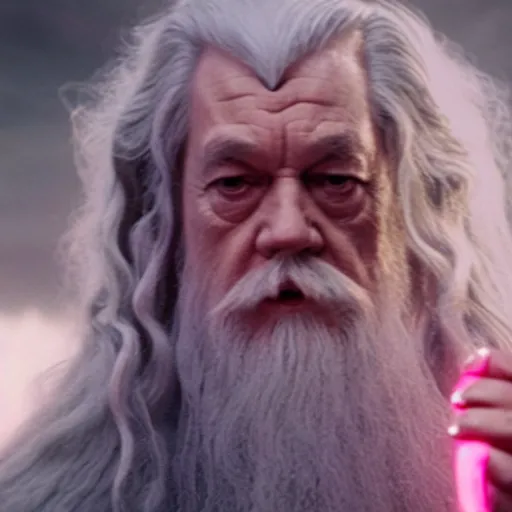 Prompt: portrait of gandalf, wearing a large pink hairclip, holding a blank playing card up to the camera, movie still from the lord of the rings
