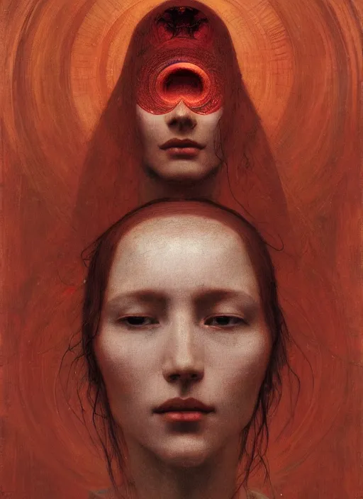 Prompt: Woman masterpiece, red, golden halo behind her head, red wires wrap around, by Edgar Maxence and Ross Tran, Zdzisław Beksiński, and Michael Whelan, distant, gustav dore, H.R. Giger, 8k, octane render