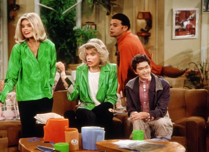 Image similar to the episode of Murphy Brown where everyone gets covered with nickelodeon slime hd