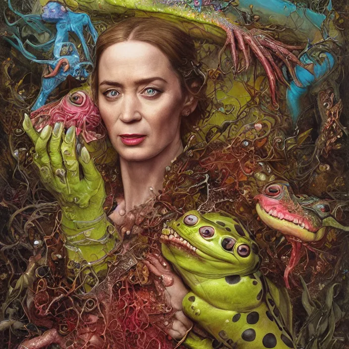 Prompt: a portrait photograph of emily blunt as a brightly colored amphibian hybrid with wet mutated skin. wearing a cactsuit many body modifications. by tom bagshaw, donato giancola, hans holbein, walton ford, gaston bussiere, brian froud, peter mohrbacher and magali villeneuve. 8 k, cgsociety