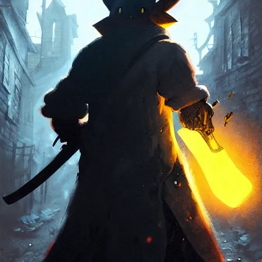 Prompt: pikachu in a back alley wielding a machete and a blunderbuss, art by greg rutkowski and guweiz, in the style of bloodborne, intricate, elegant, highly detailed, smooth, sharp focus, artstation