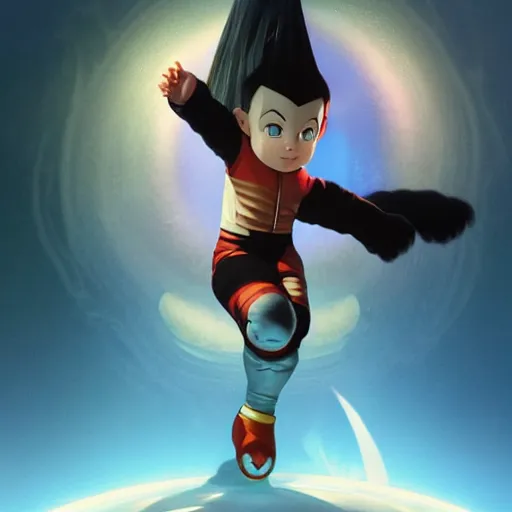 Image similar to portrait of Astroboy, centered full body pose, zenith angle, shadowy area, dramatic lighting, concept art, digital painting, Unreal Engine 5, 8K, art by artgerm and Greg Rutkowski and Alphonse Mucha