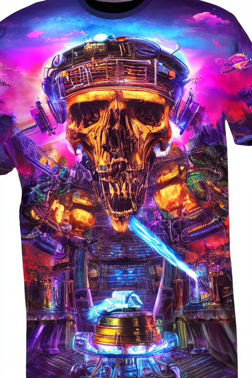 Image similar to a band shirt, printed tshirt with bandname is tripmachine, tourname is invasion of the tripmachines, realistic digital art, 3 d render of a huge futuristic steampunk generator, 8 k, fluorescent colors, halluzinogenic, multicolored, exaggerated detailed, unreal engine