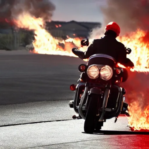 Prompt: Donald Trump on a motorcycle with fire coming out of the exhaust, cinematic lighting