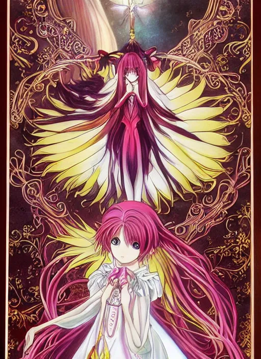 Prompt: intricately beautiful designed clow cards, Madoka Magica, high detail, painting, by CLAMP, in the style of Akiyuki Shinbo