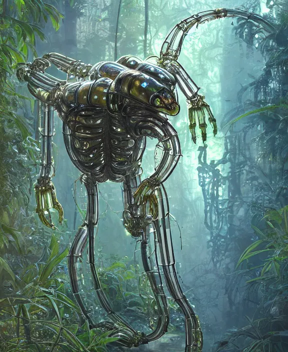 Prompt: opulent transparent clear see - through portrait of a terrifying beautiful male alien centipede robot, mottled coloring, adorable, childlike, overgrown biopunk jungle environment, ultra realistic, concept art, art nouveau, photorealistic, octane render, 8 k, unreal engine. art by christopher marley and artgerm and greg rutkowski and alphonse mucha