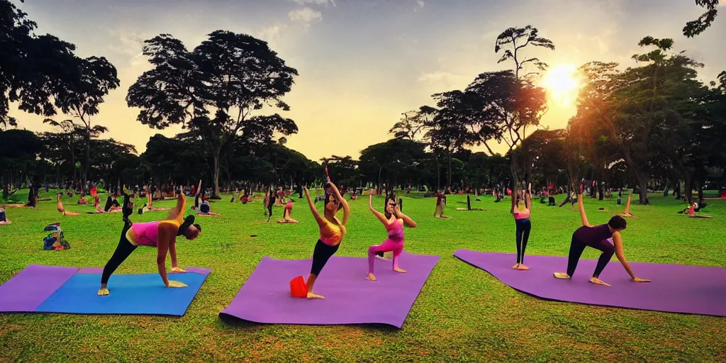 Image similar to ibirapuera park, in sao paulo, with people doing yoga, running and cycling on a beautiful afternoon with sunset, wide - angle lens, digital art, anime style