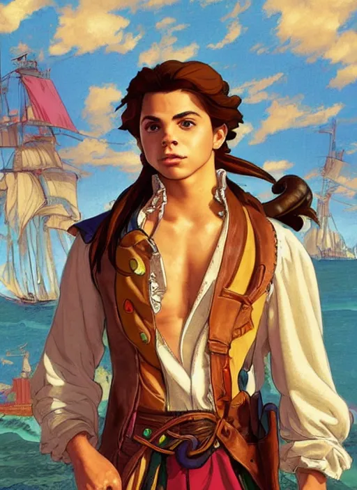 Image similar to cute jake t. austin as a pirate captain. parrot on his shoulder, natural lighting, path traced, highly detailed, high quality, digital painting, by don bluth and ross tran and studio ghibli and alphonse mucha, artgerm