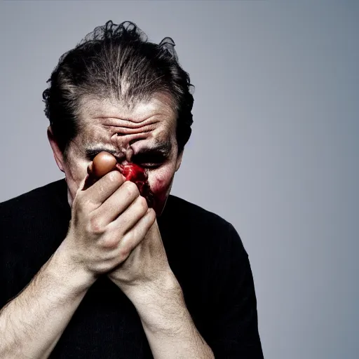 Image similar to photo of a man pointing a gun to his mouth while crying, before suicide, in the style of martin schoeller
