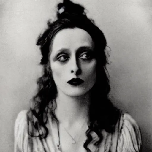 Prompt: headshot edwardian photograph of helena bonham carter, shelley duvall, glenn close, 1 9 2 0 s, sinister, evil, realistic face, 1 9 1 0 s, grainy, victorian, soft blur