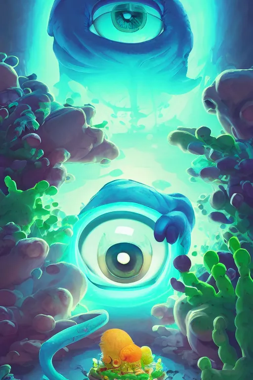 Image similar to smurf ghost creature animal sushi cristal very big eye roots cactus elemental flush of force nature micro world fluo fishscale, behance hd by jesper ejsing, by rhads, makoto shinkai and lois van baarle, ilya kuvshinov, rossdraws radiating a glowing aura global illumination ray tracing hdr