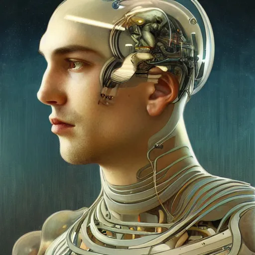 Image similar to portrait of a beautiful male android, coy, circuitry visible in head, in the style of ex machina, karol bak, alphonse mucha, greg rutkowski, award winning, hr giger, artstation