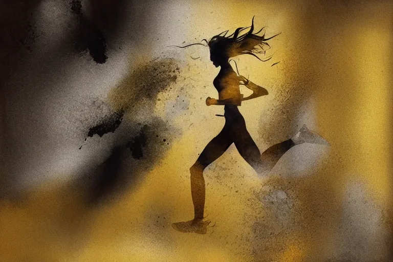 Prompt: beautiful serene running woman, healing through motion, life, minimalistic golden and ink airbrush painting on white background, pristine