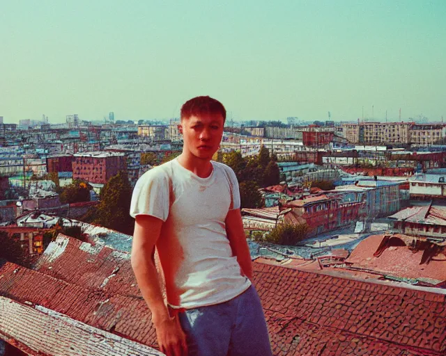 Image similar to lomo photo of man standing on the roof of soviet hrushevka, small town, cinestill, bokeh, out of focus