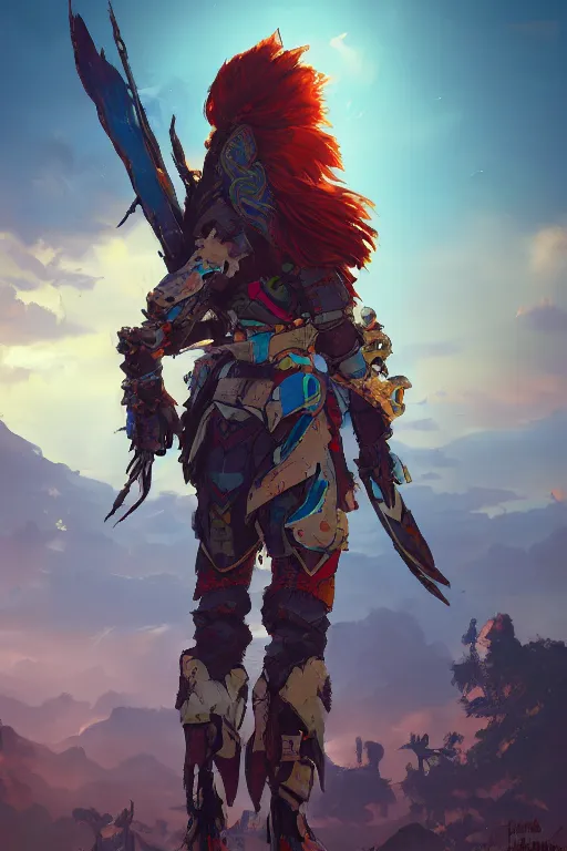 Image similar to combination suit armor aloy horizon forbidden west horizon zero dawn radiating a glowing aura global illumination ray tracing hdr fanart arstation by ian pesty and alena aenami artworks in 4 k tribal robot ninja mask helmet backpack