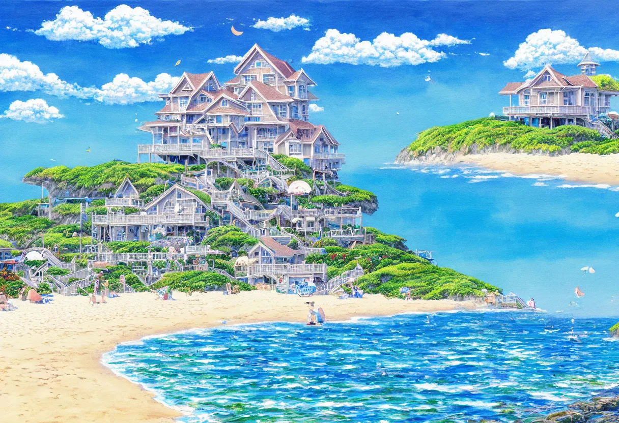 Image similar to a beautiful ultradetailed painting of beach house at the seaside, sunny, close shot, studio ghibli sunlight, archdaily, wallpaper, highly detailed, trending on artstation