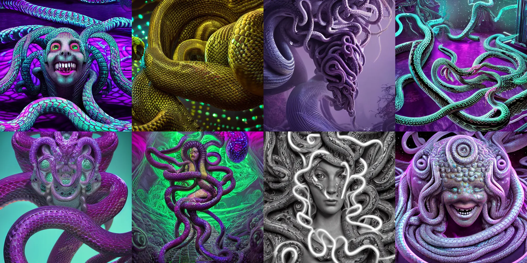 Prompt: beautiful medusa gorgon highly detailed snakes, cosmic horror, abstract, ghostly, arcade, duotone, poltergeist, epic lighting, intricate, elegant, highly detailed, smooth, sharp focus, photo real, ultra realistic, unreal engine 5, raytracing, in the style of beeple and mike winkelmann, ultraviolet colors,