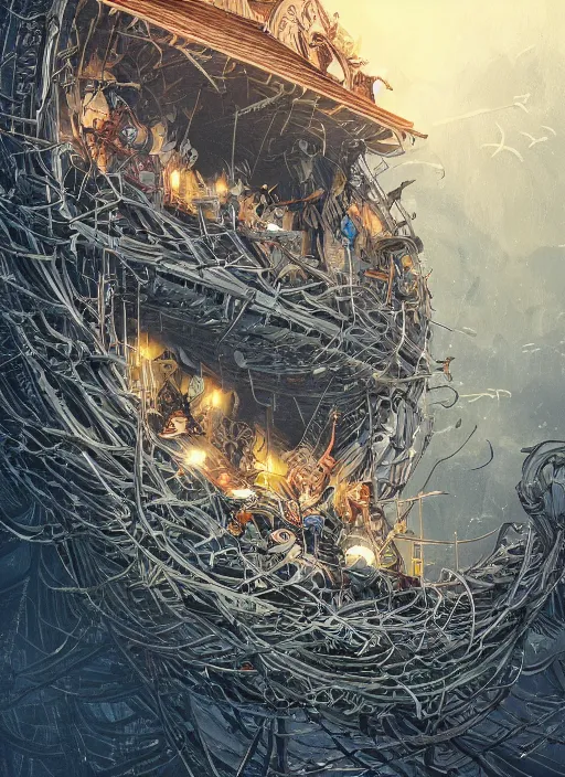 Image similar to crows nest like a wreath, cruelty, black crows, light effect, hyper detailed, intricate, elegant, highly detailed, digital painting, artstation, concept art, matte, sharp focus, illustration, by dan mumford, yusuke murata, makoto shinkai, ross tran