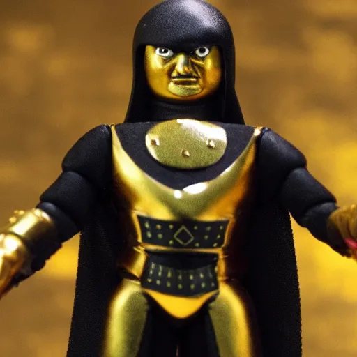 Prompt: Photo of an Evil moonface action figure, japanese action figure, gold and black color scheme