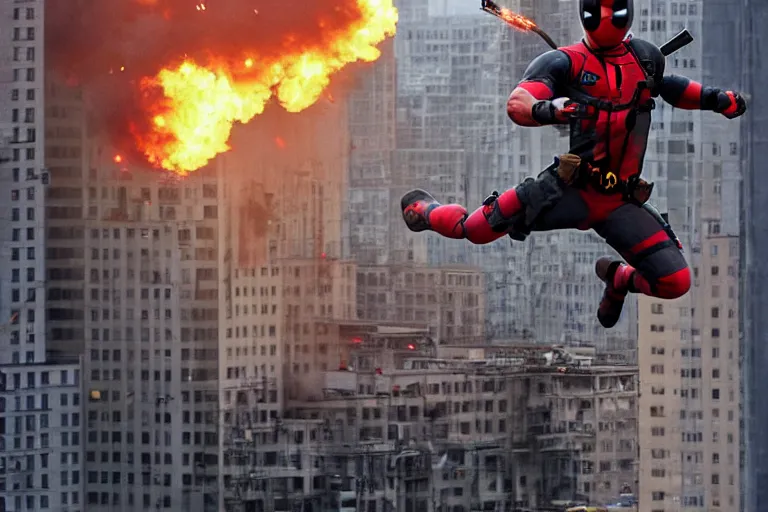 Image similar to Deadpool leaps off militarily helicopter firing missiles and smashes through high rise window, explosions, by Tim Miller
