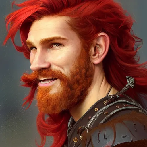 Image similar to portrait of a young ruggedly handsome but joyful pirate with red hair, male, masculine, upper body, red hair, long hair, d & d, fantasy, joyful smirk, intricate, elegant, highly detailed, digital painting, artstation, concept art, matte, sharp focus, illustration, art by artgerm and greg rutkowski and alphonse mucha