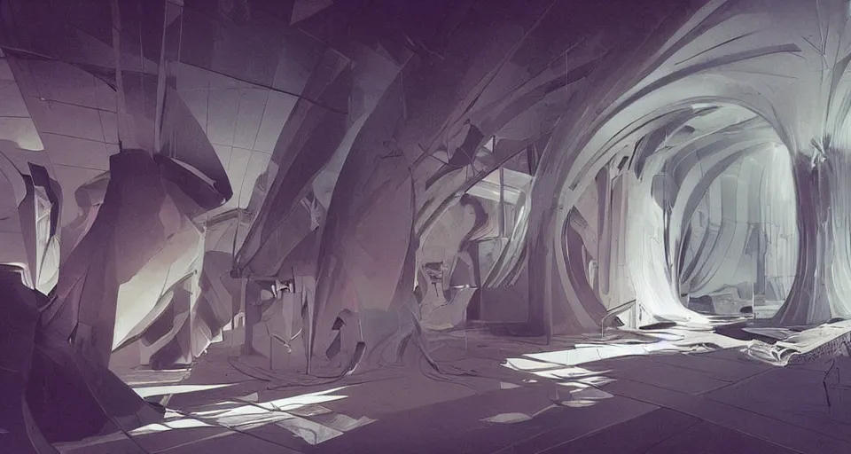 Image similar to a liminal space, creepy, eerie and strange, concept art by artgerm, syd mead and frank lloyd wright