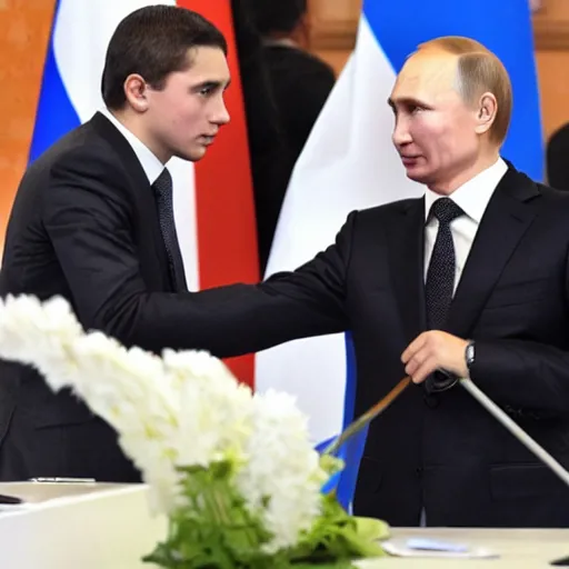 Image similar to putin teams up with a mysterious teenage putin, perfect faces