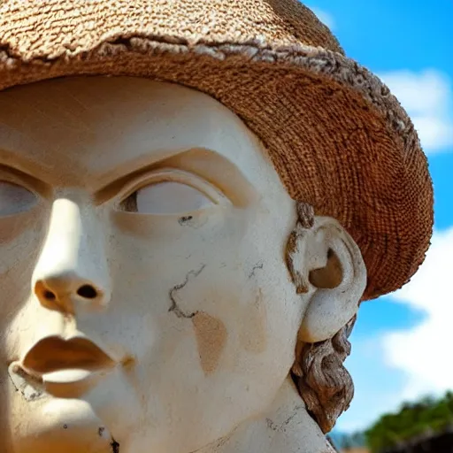 Prompt: photo of fragmented greek sculpture of Luffy using his straw hat
