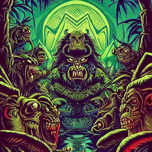 Image similar to barong family member at pool party, wiwek, mara demon, one single tribe member, jungle, one single mask, dark, ancient warrior, gorilla, lizard, tribal, inner glow, art by dan mumford and justin gerard