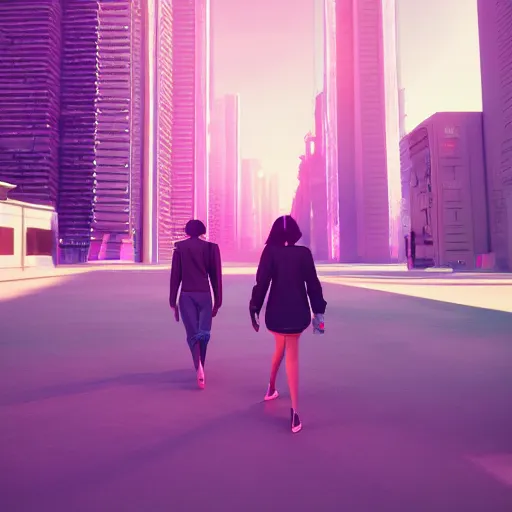 Image similar to a woman walking through a synthwave city, intricate artwork by tooth wu and wlop and beeple, octane render, hyper realism, 8 k