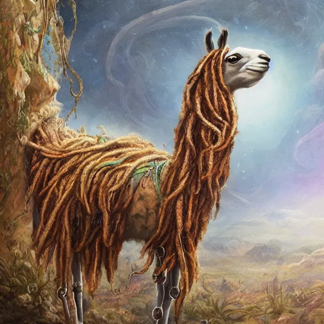 Image similar to llama with dreadlocks, by mandy jurgens, ernst haeckel, james jean, scifi