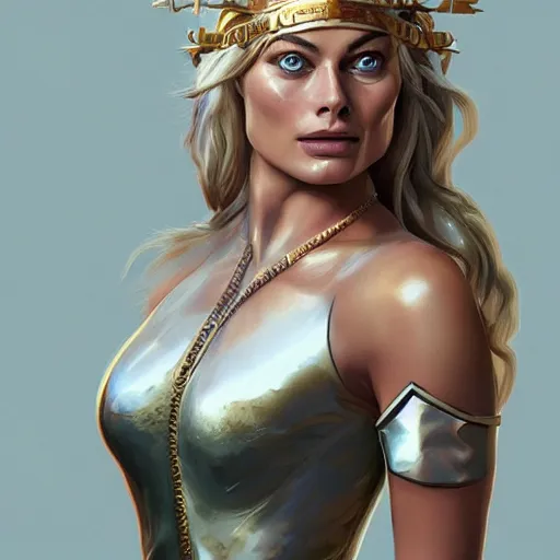 Image similar to margot robbie as a beautiful greek god, highly detailed, detailed face, digital art, trending on artstation