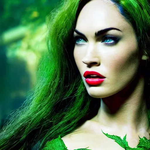 Prompt: stunning awe inspiring megan fox as poison ivy, movie still 8 k hdr atmospheric lighting